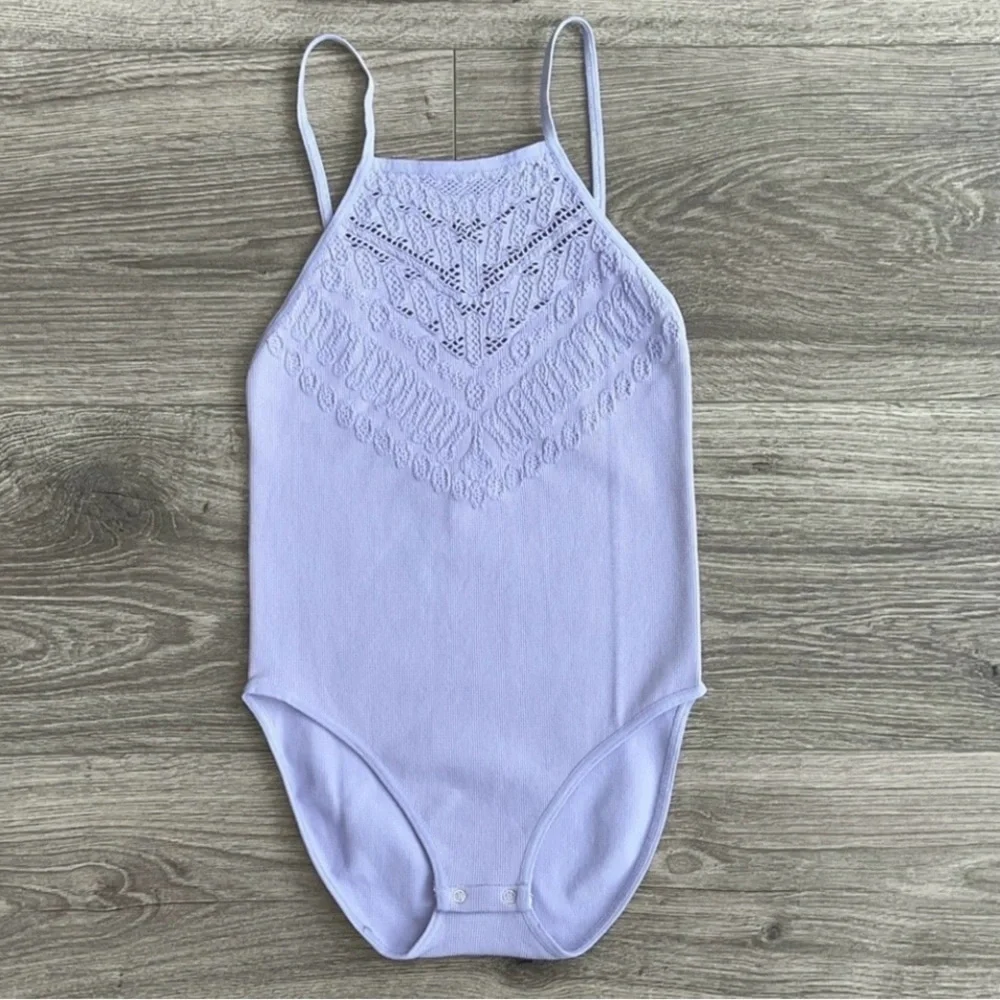 NEW Free People High Neck Bodysuit NWOT Solstice Lasercut Purple Intimat… - Picture 3 of 12